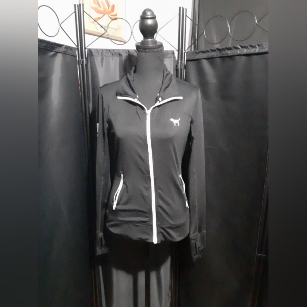PINK Victoria's Secret Black Jacket with White Trim Zip Up Women's Size XS/TP